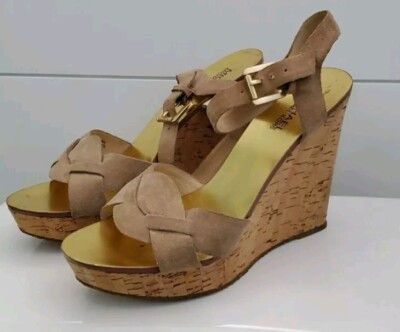 MICHAEL KORS Women Size Brown Suede Leather Cork Wedge