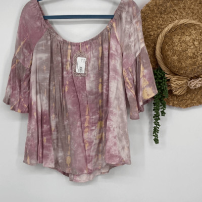 Hem & Thread Tie Dye Bell Sleeve Swing Top Off Shoulder Mauve Pink M New