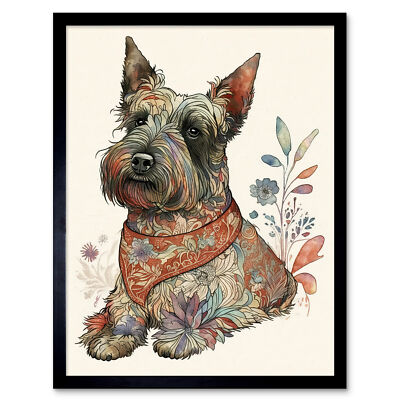 Scottish Terrier Hund Blumenmuster modern gerahmt Wandbild Bild Druck 12x16