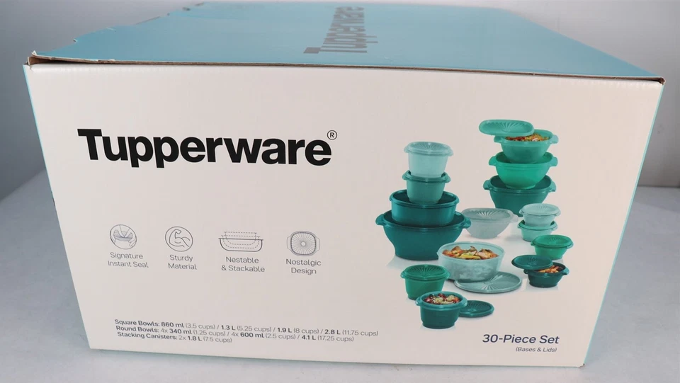 Tupperware Heritage Juego de cuencos todo en verde azulado Juego de 30 piezas (bases y tapas) Nuevo Foto 3 de 4