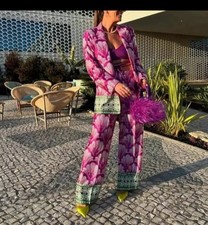 Bnwt Zara Co Ord Set Printed Shell Satin Blazer Jacket & Trousers Medium Pink