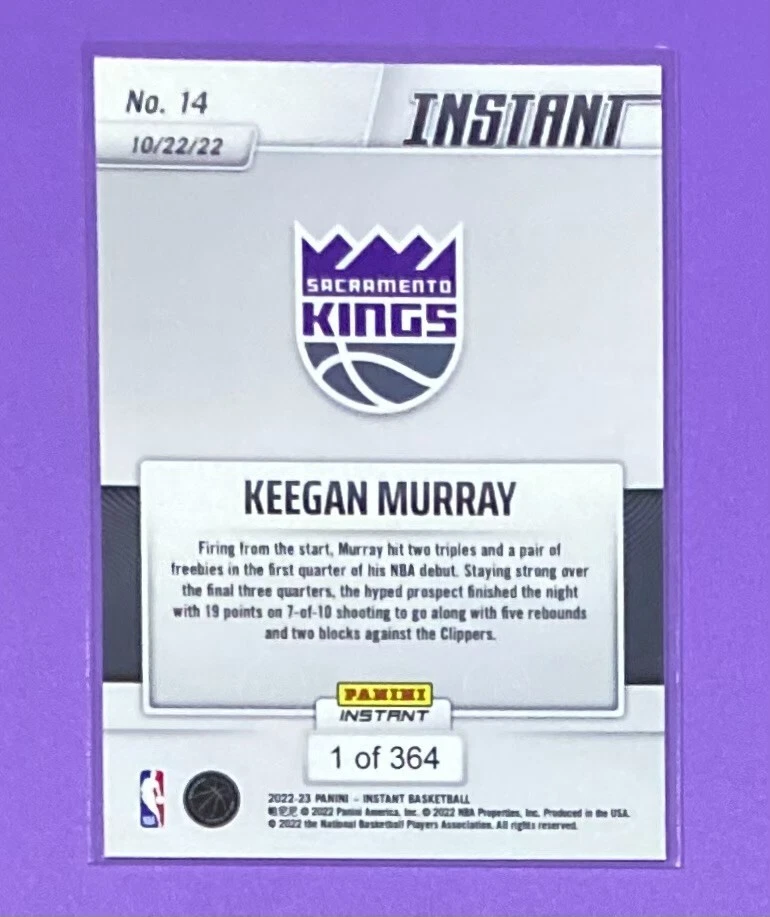 2022-23 Panini Instant NBA Keegan Murray ROOKIE CARD 1/364 SP Kings #14 RC - Image 2 of 2