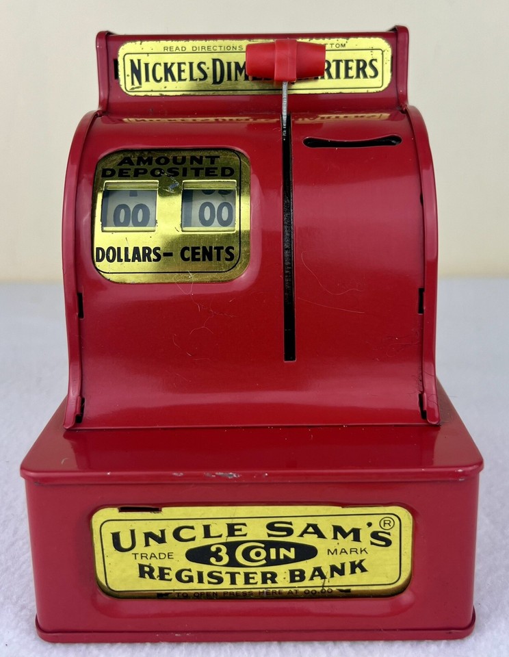 Vintage Red Uncle Sam’s 3 Coin Register Bank Saving Box Western