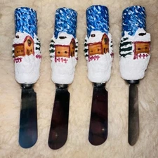 EUC Unbranded Stainless Steel Cheese Spread Knives Winter Cabin Wood Theme