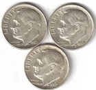 Three 1963-D Silver Roosevelt Dimes