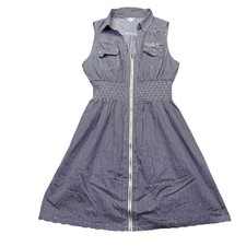 J. Lee Womens 2X Navy Blue White Geometric Striped Zip Front Smocked Waist Dress