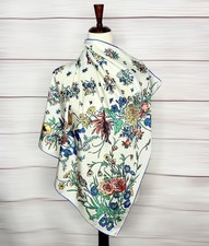 Vintage Square Silk Scarf Ivory with Floral Print Hand Rolled 28x28"