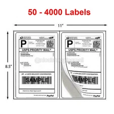 50 - 4000 Shipping Labels 8.5 x 5.5 Half Sheets Blank Self Adhesive 2 Per Sheet