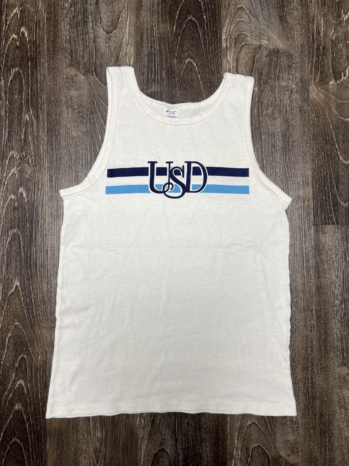 Vintage 70s Champion USA Cotton Tank Top Mens Large White Blue Striped