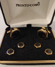 Pronto Uomo Cufflink and Stud Set Black Onyx Silver Tone Luxury Formal Wedding