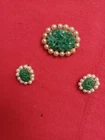 Vtg 1950's Marvella Faux Jade Pearl Costume Jewelry Pin Brooch & Clip Earrings