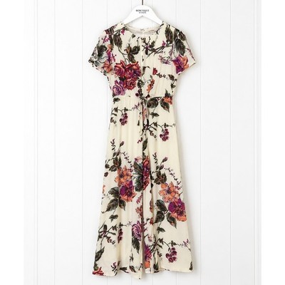 Three Bird Nest Jumpsuit Womens S Cream Floral Rayon Wide Leg Flutter Sleeve