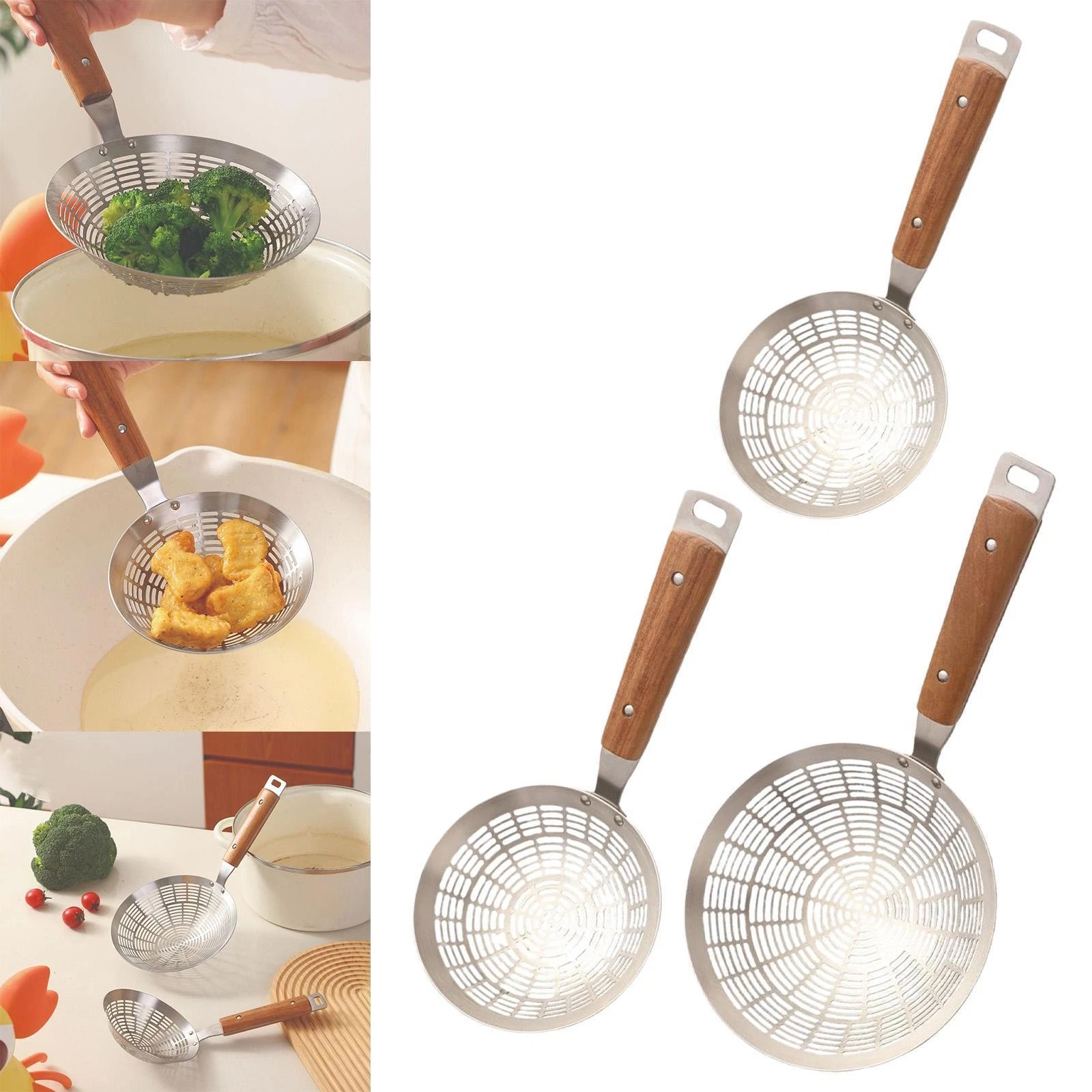 Strainer Ladle Skimmer Spoon Convenient with Wooden Handle Kitchen Tool Colander