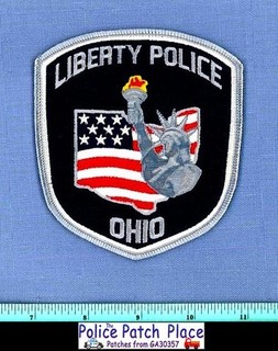 LIBERTY OHIO Police Patch STATUE OF LIBERTY TORCH FIRE STATE SHAPE OUTLINE