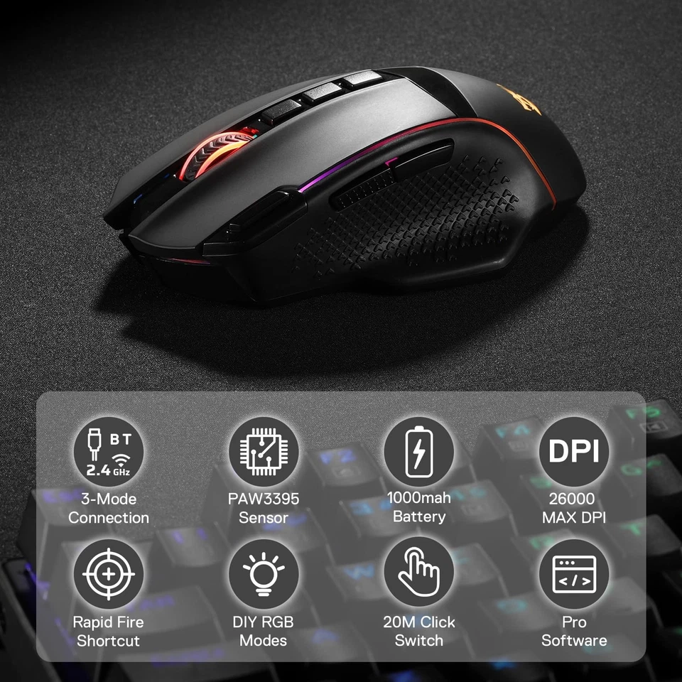 M991 Wireless Gaming Mouse, 26000 DPI 3-Mode Gamer Mice w/Rapid Fire Key, 9 M... - Image 2 of 4