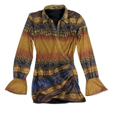 Fashion Nova Mesh Mini Dress M Brown Orange Ruched Bell Sleeve Boho Retro Grunge