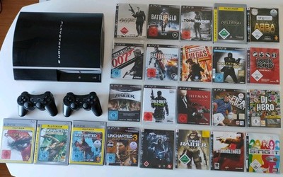 Sony PlayStation 3 Heimkonsole Schwarz mit 2 Controllern & Spielepaket
