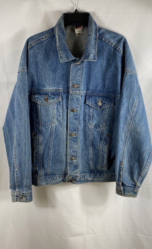 Vintage 90s Tyca Men's Blue Denim Jacket Made in USA Union Made Graphic Sz L