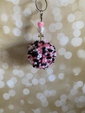 Handmade Pom Pom Key Chain Pink White Black Beaded Cross Charm Multicolor