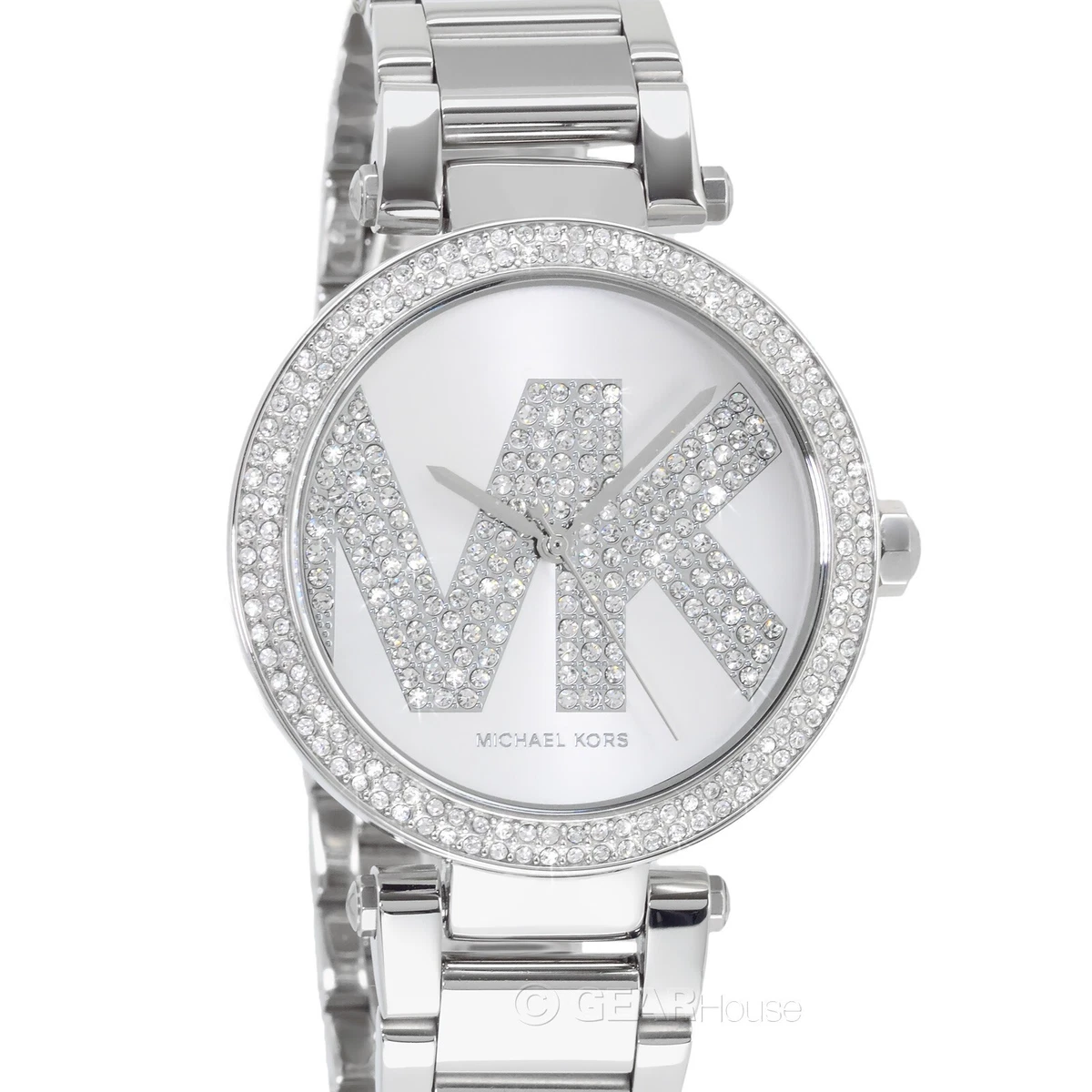 Michael Kors Parker Womens Glitz Watch, Pave MK Logo Dial, Stainless Steel  Band