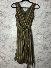 Ann Taylor Women Petite Green Wrap Stripe Belted Dress Sleeveless Sz 00P EUC