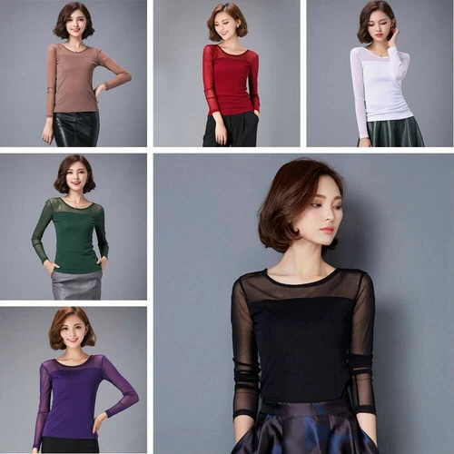 Womens Mesh Sheer Full Sleeve T-shirt See Through Top Shirt Blouse Stretch SPW - Bild 3 von 27