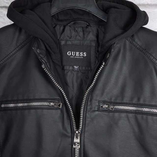 225 Guess Men S Faux Leather Detachable Hood Motorcycle Jacket Large Black New