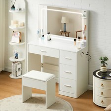 White Dressing Table With Hollywood LED Mirror&Stool Vanity Makeup Desk 4Drawers