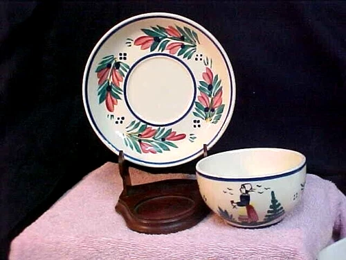Vintage HB Henriot Quimper Hand Painted Pottery Breton Woman Cup/Saucer France