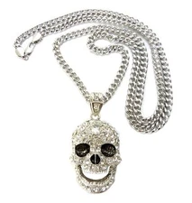 NEW ICE BLING SKULL PENDANT 6mm/36" MIAMI CUBAN CHAIN HIP HOP NECKLACE CP15