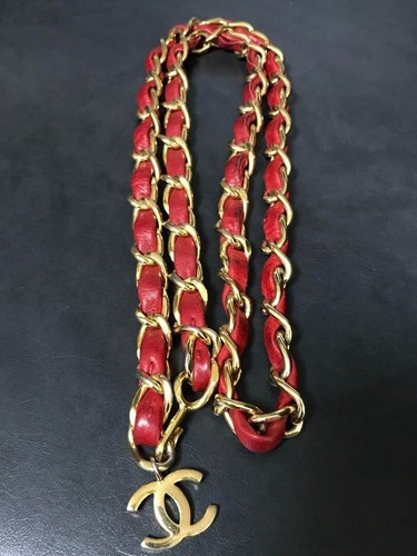 CHANEL Vintage Chain Belt Red Gold Leather Auth