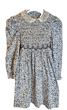 VTG POLLY FLINDERS BLUE OFF WHITE CALICO FLORAL PRARIE SMOCKED LACE TRIM DRESS 7
