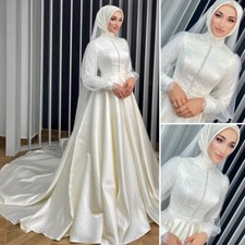 Elegant Muslim Satin Wedding Dresses Puff Sleeves A-Line Bridal Gown Sweep Train
