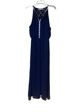 Daniel Rainn Sleeveless Maxi Dress Size Large Swiss Dot Boho Split V- Neck Navy