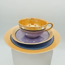 Takito Japan Tea Cup Saucer Dessert Plate Blue Orange Opalescent Lusterware