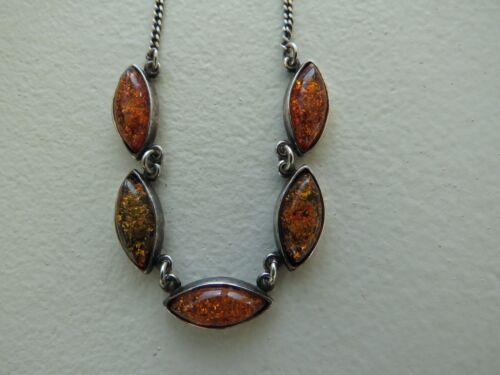 VINTAGE STERLING SILVER-5 STONE BALTIC HONEY AMBER GEMSTONE NECKLACE - Picture 3 of 6