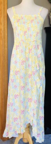 Gypsy & Jade Floral Midi Tank Dress Women’s XL Smocked Ruffles Yellow Boho Beach