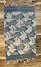 Zapotec M C Escher Hand Woven Wool Fish Bird Mexican Tapestry Blue & White