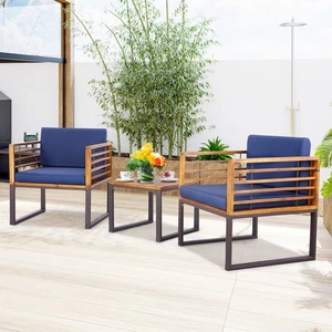 3PCS Acacia Wood Patio Bistro Set Outdoor Conversation Furniture Set w/ Cushions