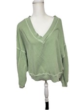 Aerie Oversized double V Neck House Party cropped Sweatshirt Washed Green Large