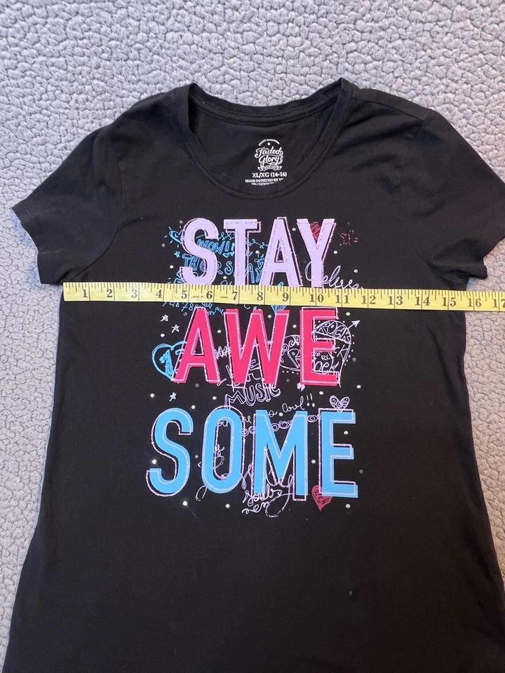 Faded Glory Short Sleeve T Shirt Girls Size XL Black And Pink Stay Awesome  - Image 3 of 4