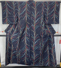 Japanese Vintage Kimono Silk Navy Tumugi No Lining Authentic Length 60 in
