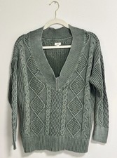 Aerie Oversized Cable Knit V Neck Pullover Slouchy Sweater Green Size XS