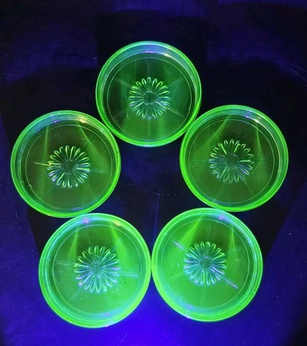 Set of Five Vintage Uranium Vaseline Green Federal Glass Coasters