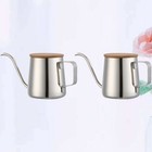 2Pcs Stainless Steel Coffee Kettle Fine Mouth Pot Wood Lid Handheld Drip Pot