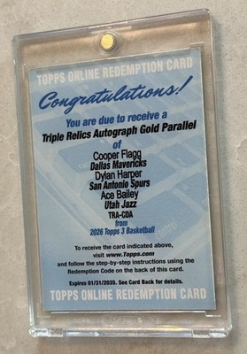 2025-26 Topps 3 - Triple Relics Auto Gold Cooper Flagg Dylan Harper Ace Bailey