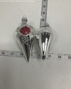 Vintage 3 pc. Set of Silver & Red Reflector Indent Teardrop Glass Tree Ornaments