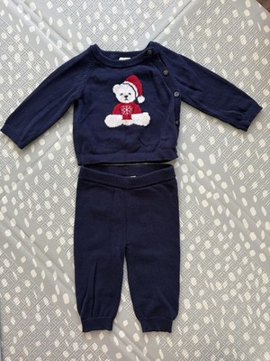Janie and Jack Navy Bear Christmas Sweater & Pants Set 6-12 Months Cotton Knit