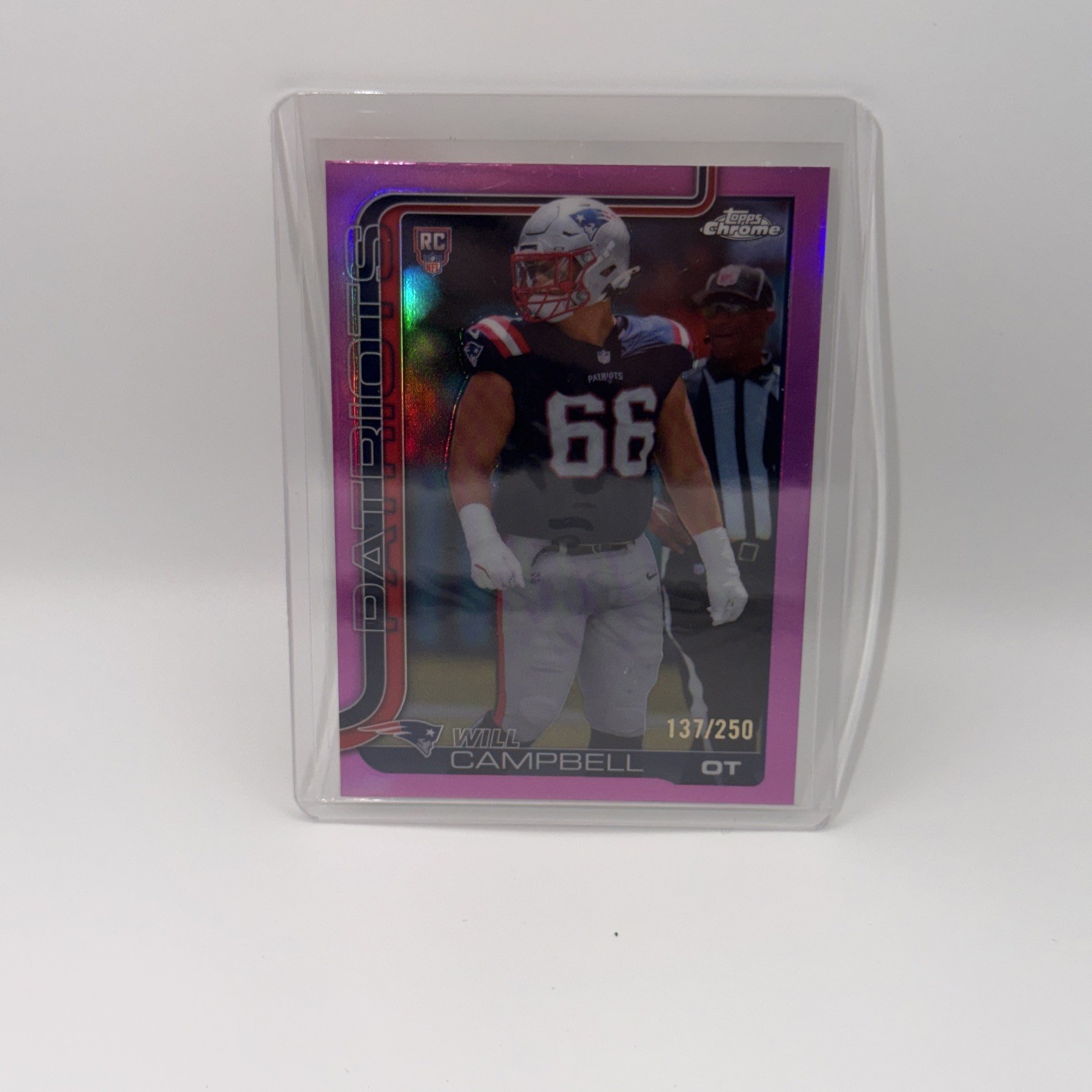 2025 Topps Chrome Football Will Campbell Pink Wave Refractor RC /250 Patriots