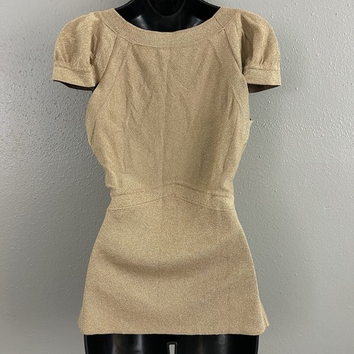 MODA International Metallic Gold Knit Top Size L Silk Blend Y2K Glam Deep V-Neck - Picture 4 of 7